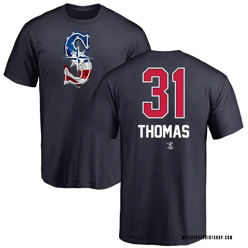 Men's Rhylan Thomas Seattle Mariners Name and Number Banner Wave T-Shirt - Navy