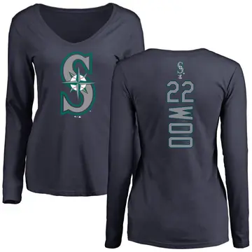 Women's Bryan Woo Seattle Mariners Backer Slim Fit Long Sleeve T-Shirt - Navy